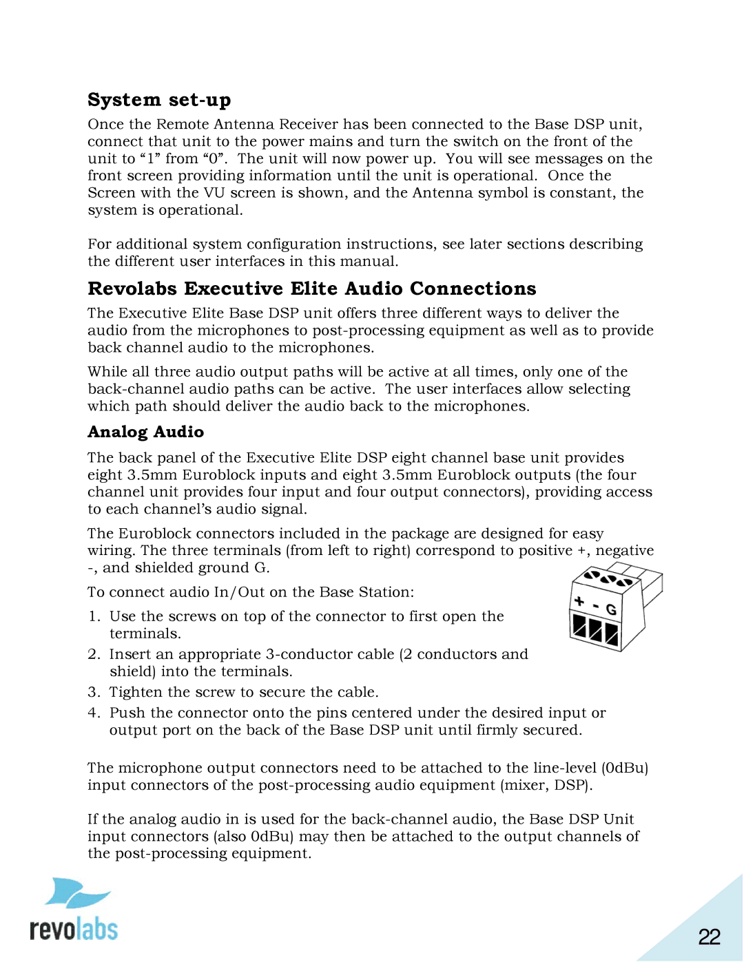 Revolabs 01-ELITEEXEC8, 03-ELITEEXEC8-TW System set-up, Revolabs Executive Elite Audio Connections, Analog Audio 