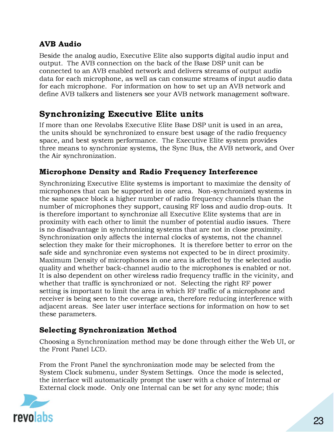 Revolabs 01-ELITEEXEC4 Synchronizing Executive Elite units, AVB Audio, Microphone Density and Radio Frequency Interference 