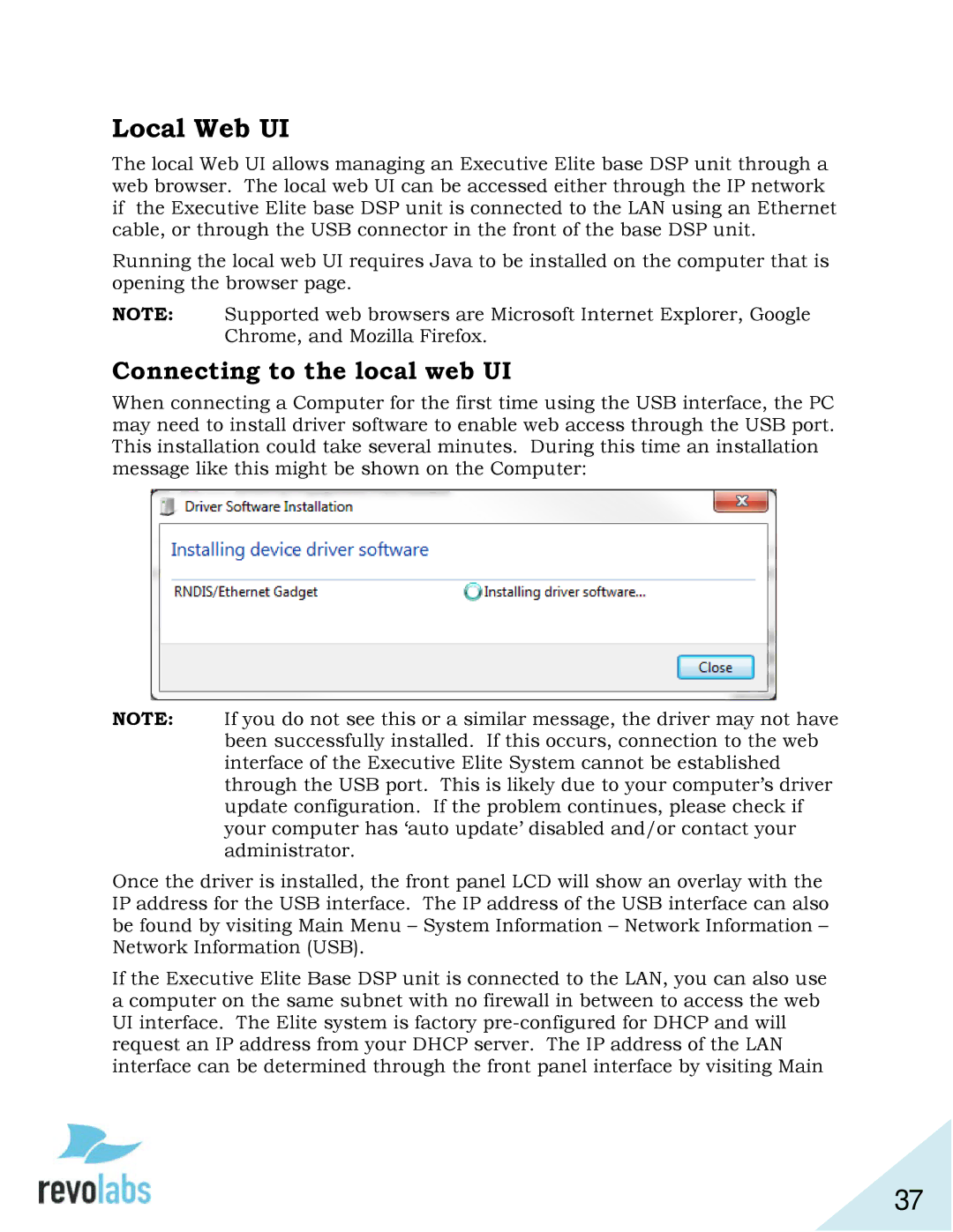 Revolabs 03-ELITEEXEC4-EU, 03-ELITEEXEC8-TW, 03-ELITEEXEC4-TW, 03-ELITEEXEC8-EU Local Web UI, Connecting to the local web UI 