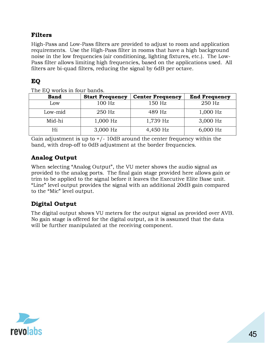 Revolabs 03-ELITEEXEC4-EU Filters, Analog Output, Digital Output, Start Frequency Center Frequency End Frequency 