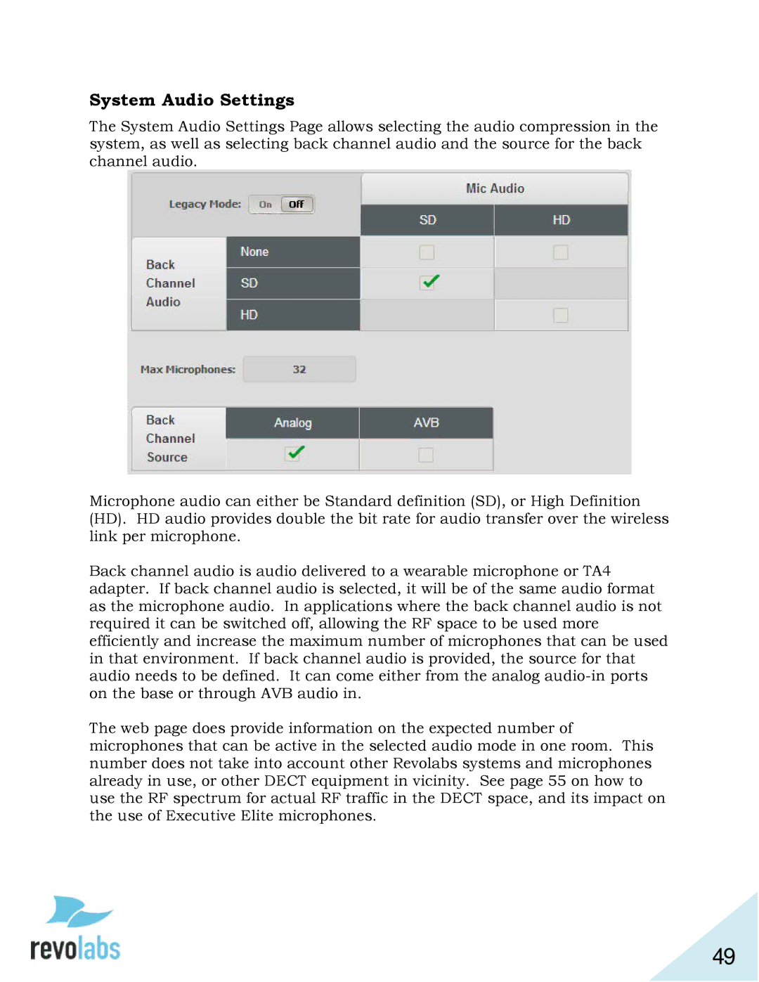 Revolabs 03-ELITEEXEC4-TW, 03-ELITEEXEC8-TW, 03-ELITEEXEC8-EU, 03-ELITEEXEC4-JP, 03-ELITEEXEC8-JP System Audio Settings 