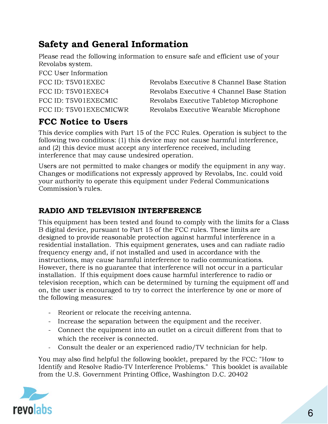 Revolabs 01-ELITEEXEC8, 03-ELITEEXEC8-TW, 03-ELITEEXEC4-TW Safety and General Information, FCC Notice to Users 