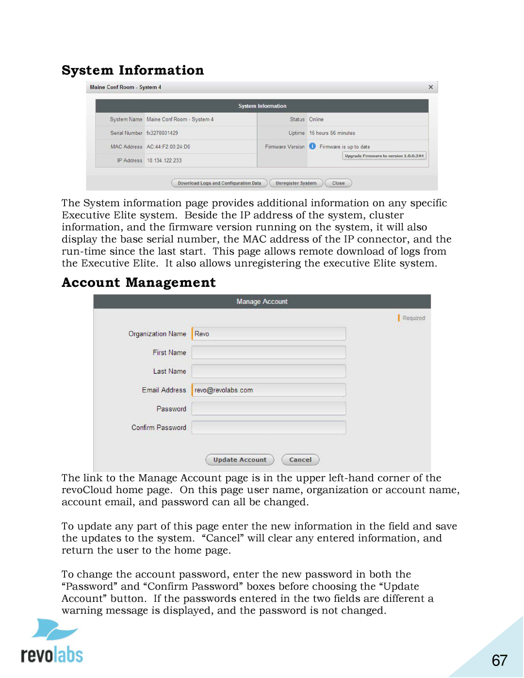 Revolabs 03-ELITEEXEC4-JP, 03-ELITEEXEC8-TW, 03-ELITEEXEC4-TW, 03-ELITEEXEC8-EU System Information, Account Management 