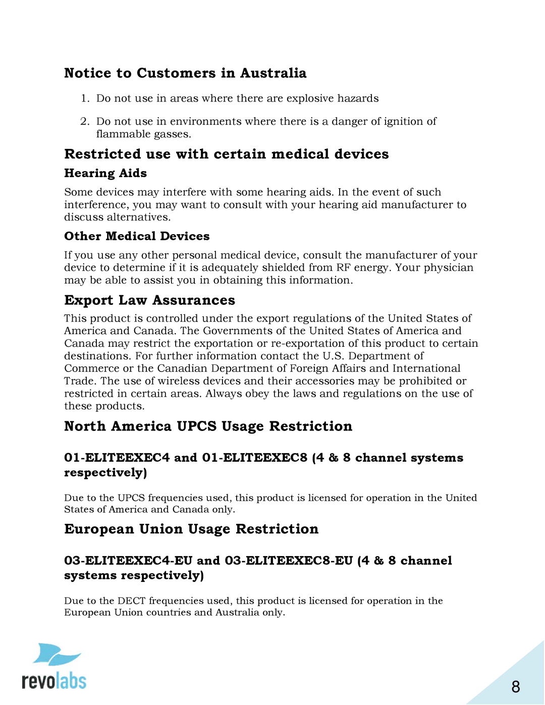 Revolabs 03-ELITEEXEC8-TW, 03-ELITEEXEC4-TW Restricted use with certain medical devices, Export Law Assurances 