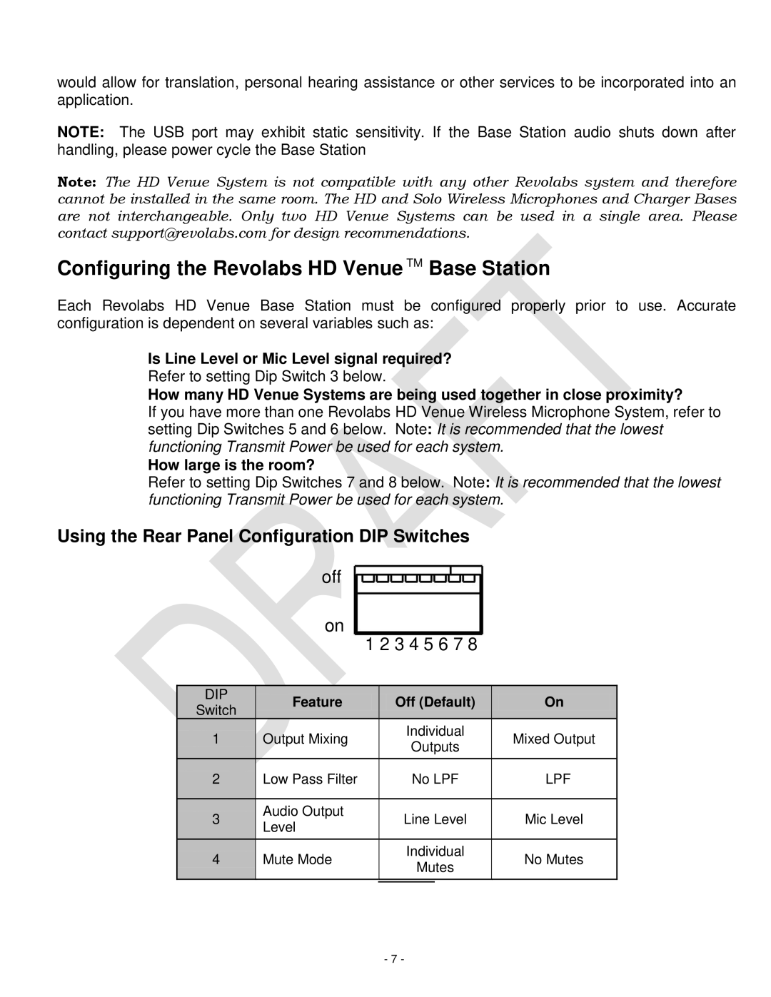 Revolabs 03-HDVENUCH Configuring the Revolabs HD Venue TM Base Station, Using the Rear Panel Configuration DIP Switches 