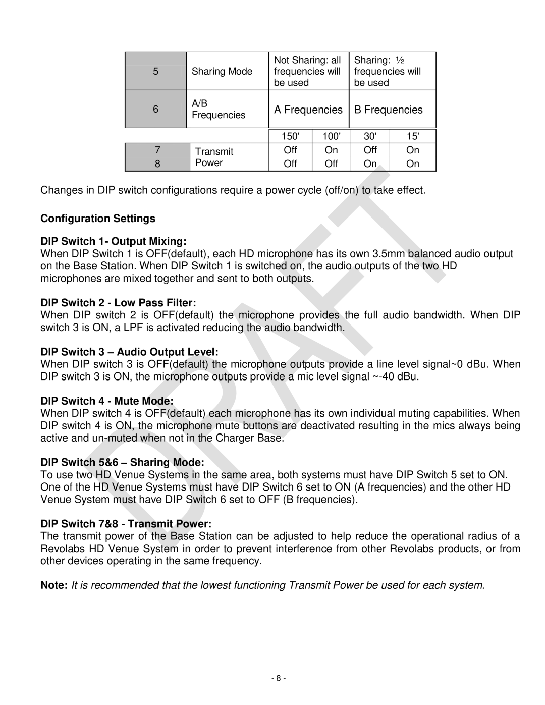 Revolabs 03-HDVENUCH setup guide Configuration Settings DIP Switch 1- Output Mixing, DIP Switch 2 Low Pass Filter 