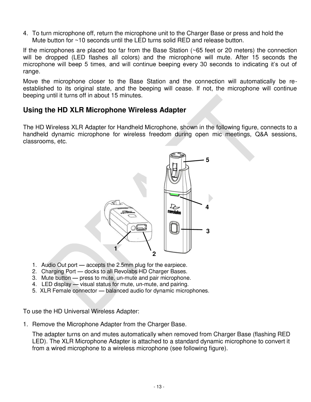 Revolabs 03-HDVENUCH setup guide Using the HD XLR Microphone Wireless Adapter 