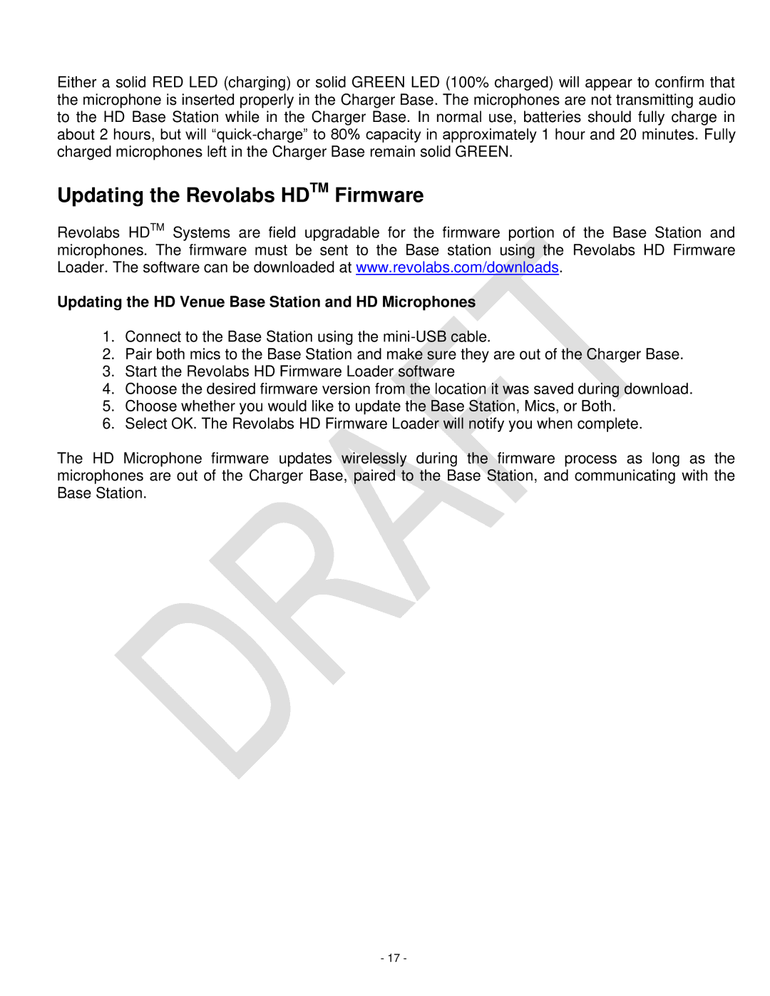 Revolabs 03-HDVENUCH setup guide Updating the Revolabs Hdtm Firmware, Updating the HD Venue Base Station and HD Microphones 
