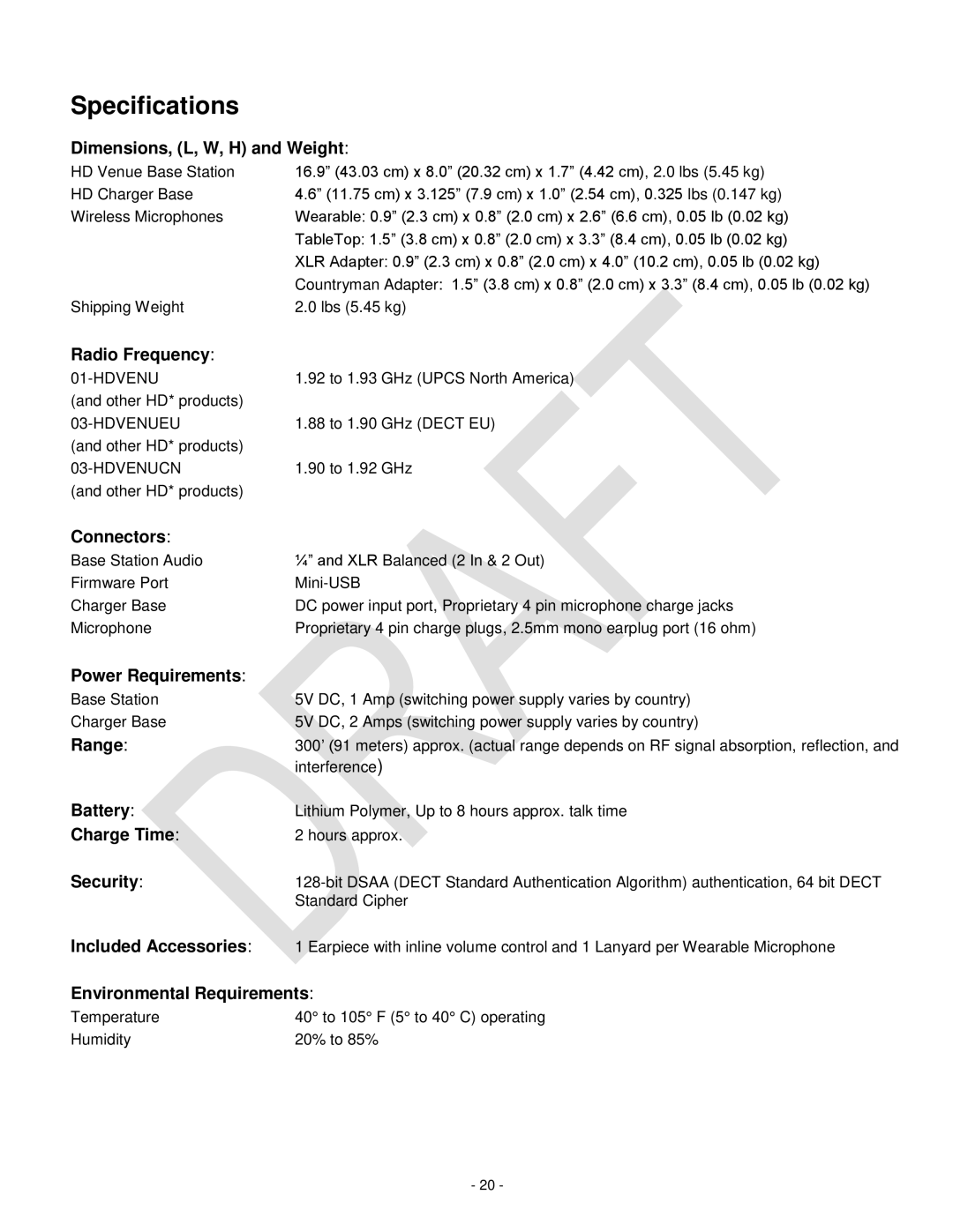 Revolabs 03-HDVENUCH setup guide Specifications, Dimensions, L, W, H and Weight 