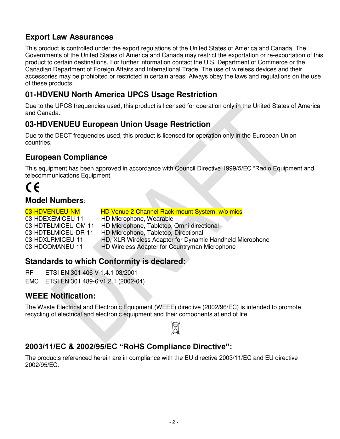 Revolabs 03-HDVENUCH setup guide Export Law Assurances, Hdvenu North America Upcs Usage Restriction, European Compliance 