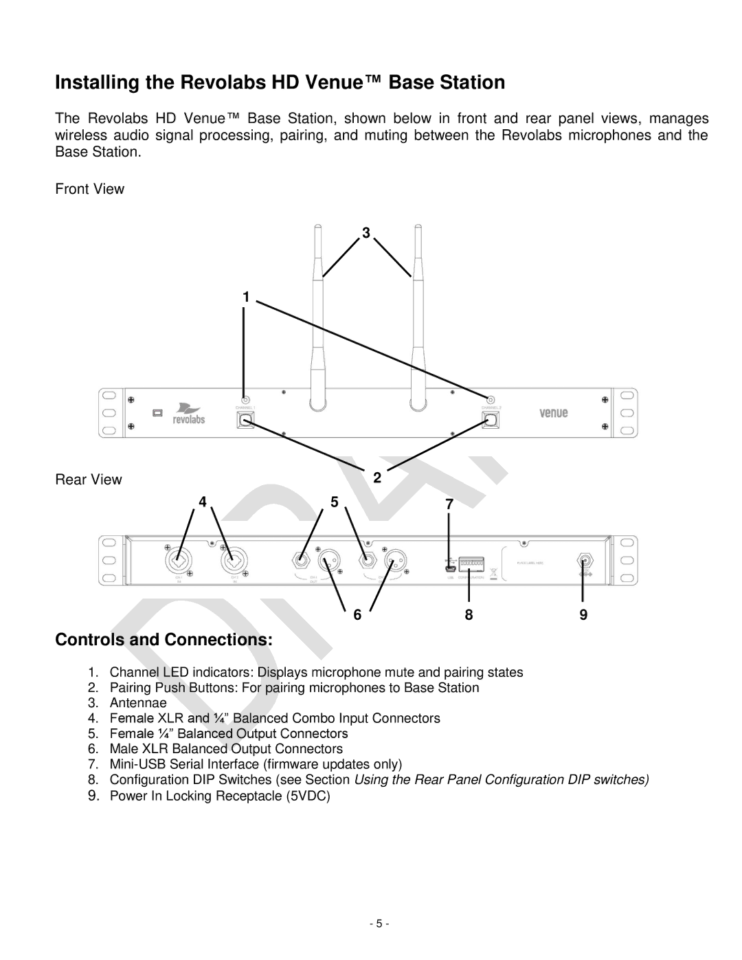 Revolabs 03-HDVENUCH setup guide Installing the Revolabs HD Venue Base Station, Controls and Connections, Rear View 