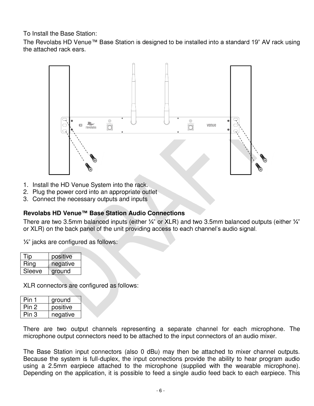 Revolabs 03-HDVENUCH setup guide Revolabs HD Venue Base Station Audio Connections 