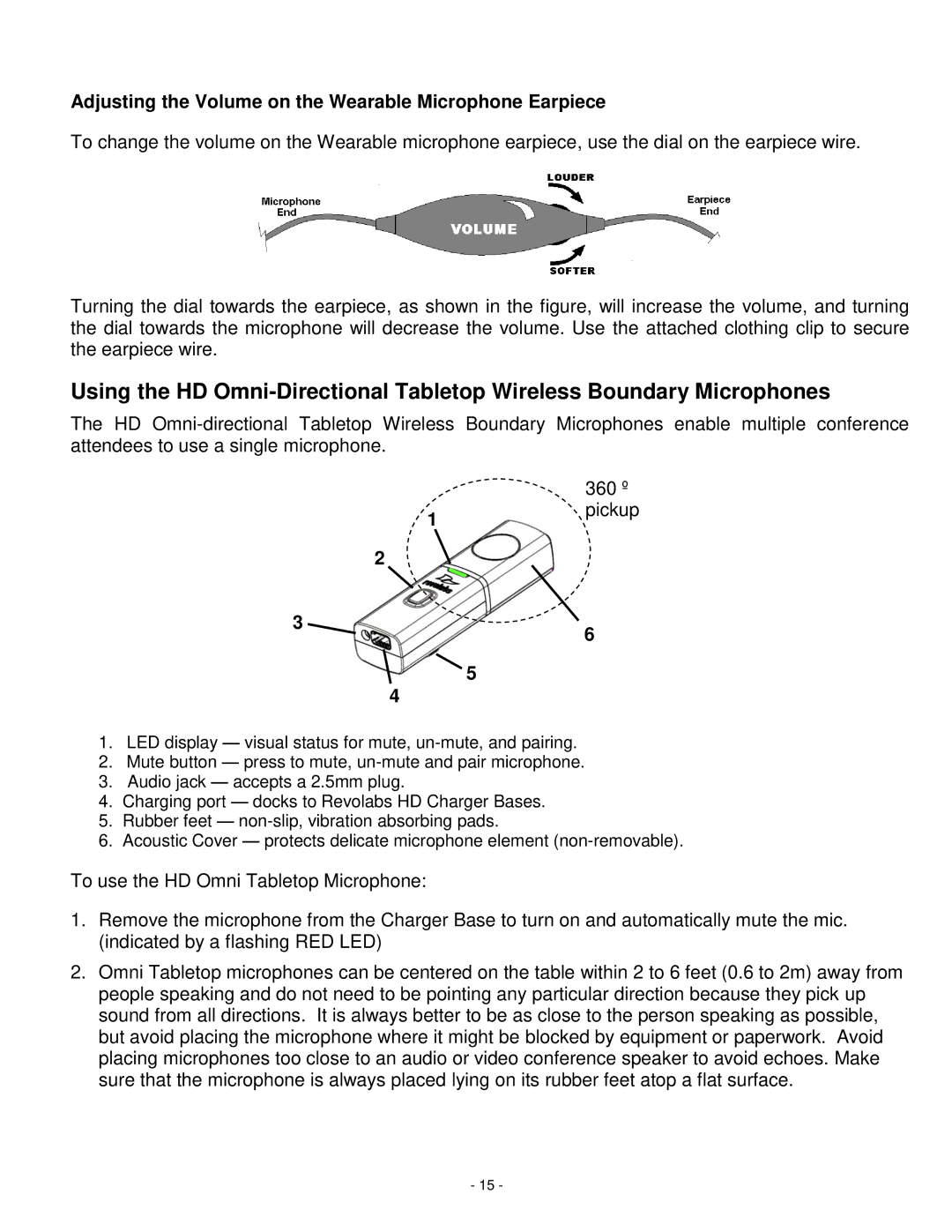 Revolabs 03-hdvenueu, 03-hdvenujp Adjusting the Volume on the Wearable Microphone Earpiece, 360 º, Pickup, Pattern 