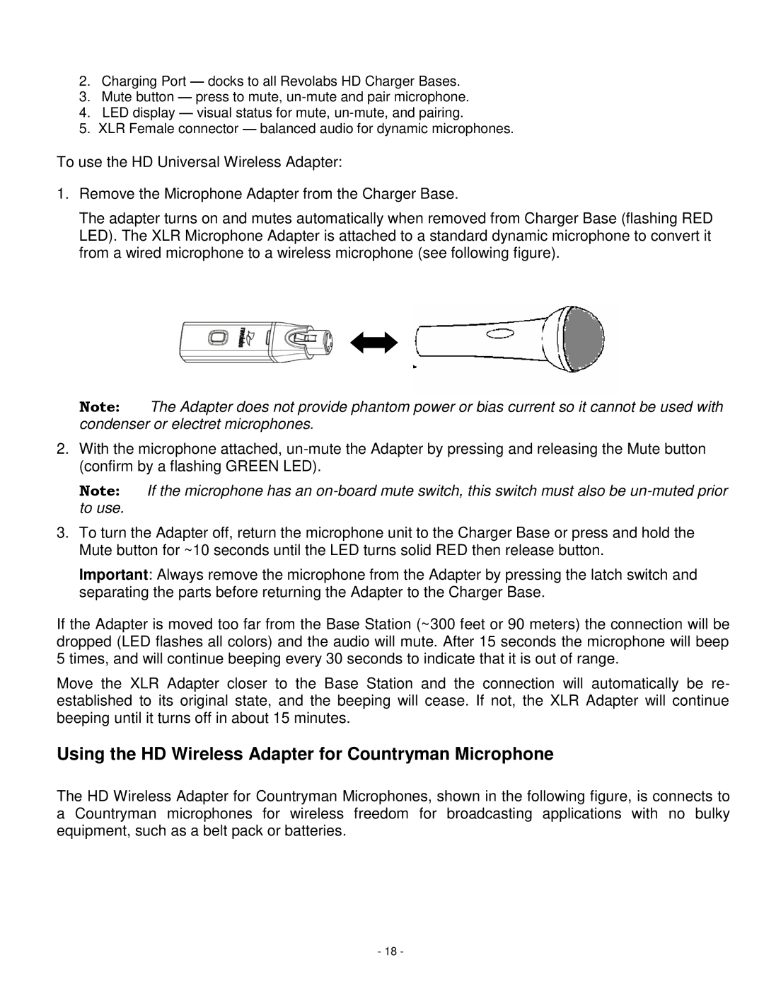 Revolabs 01-hdvenu, 03-hdvenujp, 03-hdvenucn, 03-hdvenueu setup guide Using the HD Wireless Adapter for Countryman Microphone 