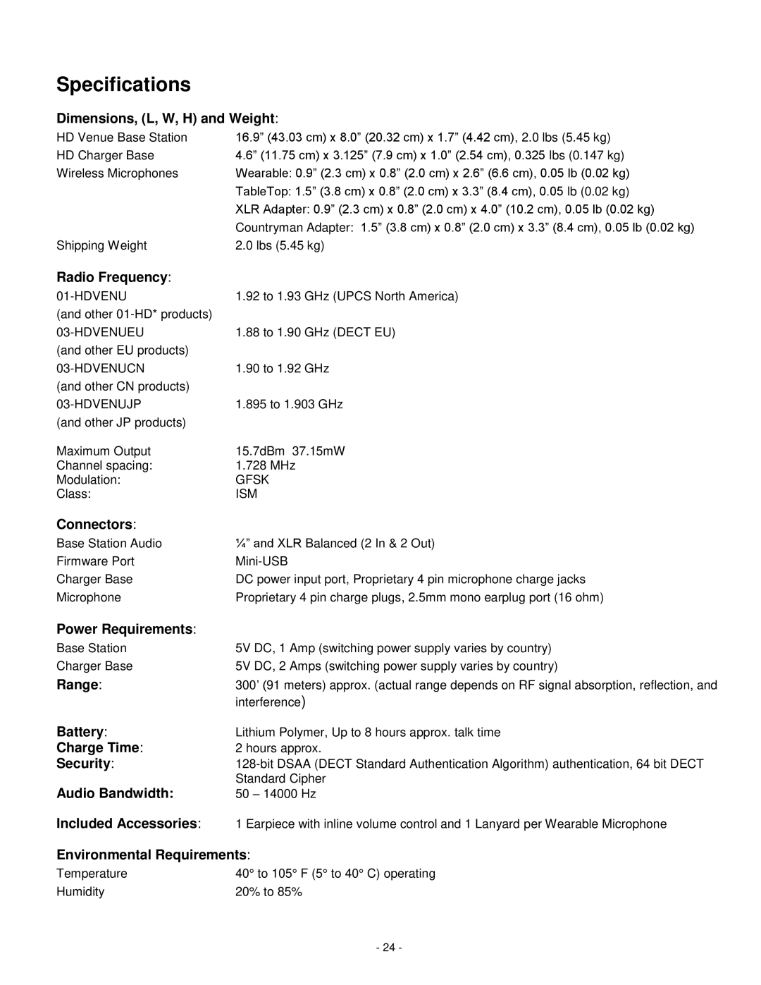 Revolabs 03-hdvenujp, 03-hdvenucn, 01-hdvenu, 03-hdvenueu setup guide Specifications, Dimensions, L, W, H and Weight 