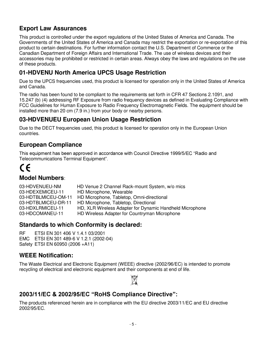 Revolabs 03-hdvenucn, 03-hdvenujp Export Law Assurances, Hdvenu North America Upcs Usage Restriction, European Compliance 