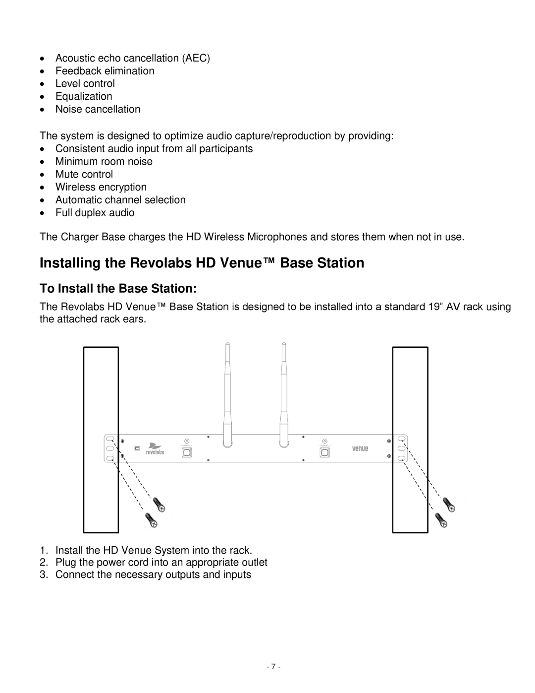 Revolabs 03-hdvenueu, 03-hdvenujp, 03-hdvenucn Installing the Revolabs HD Venue Base Station, To Install the Base Station 