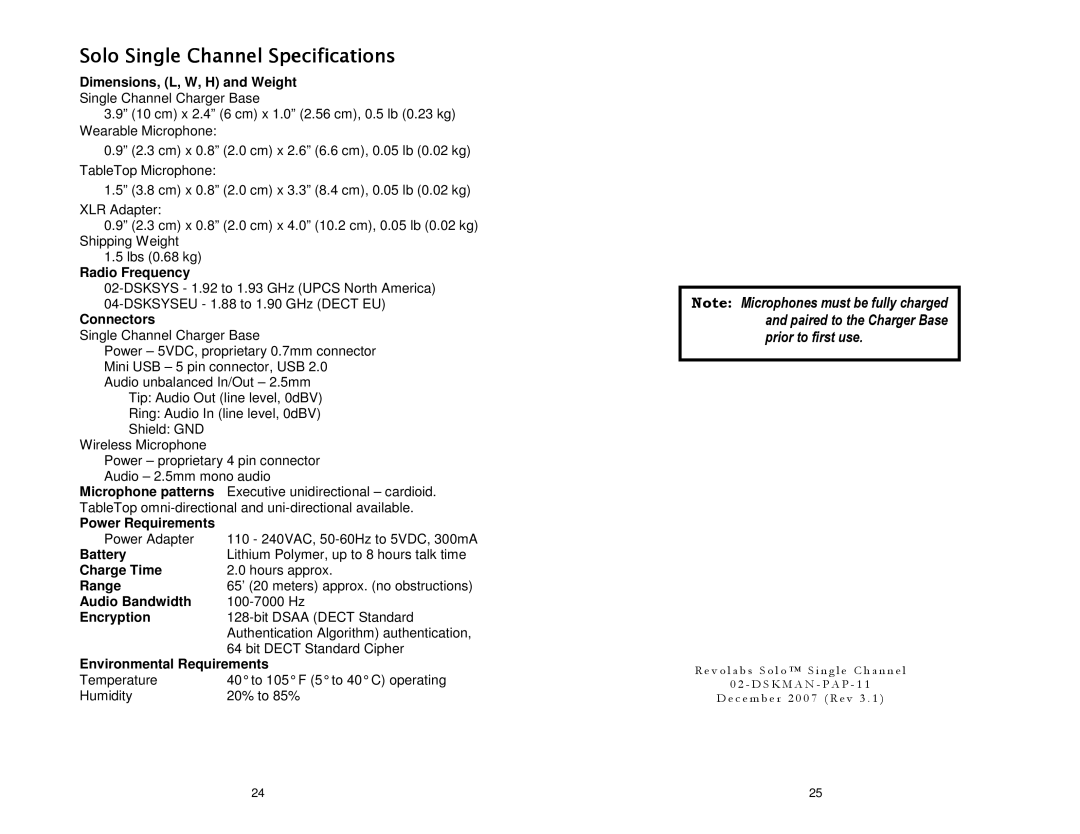 Revolabs 04-DSKSYSEU, 02-DSKSYS specifications Solo Single Channel Specifications 