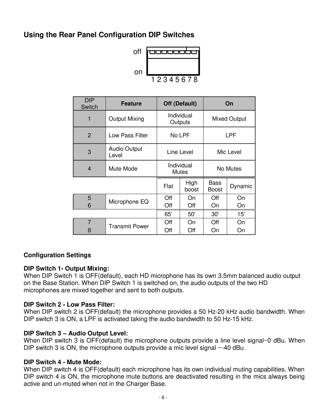 Revolabs 04-HDSGLEU Using the Rear Panel Configuration DIP Switches, Configuration Settings DIP Switch 1- Output Mixing 