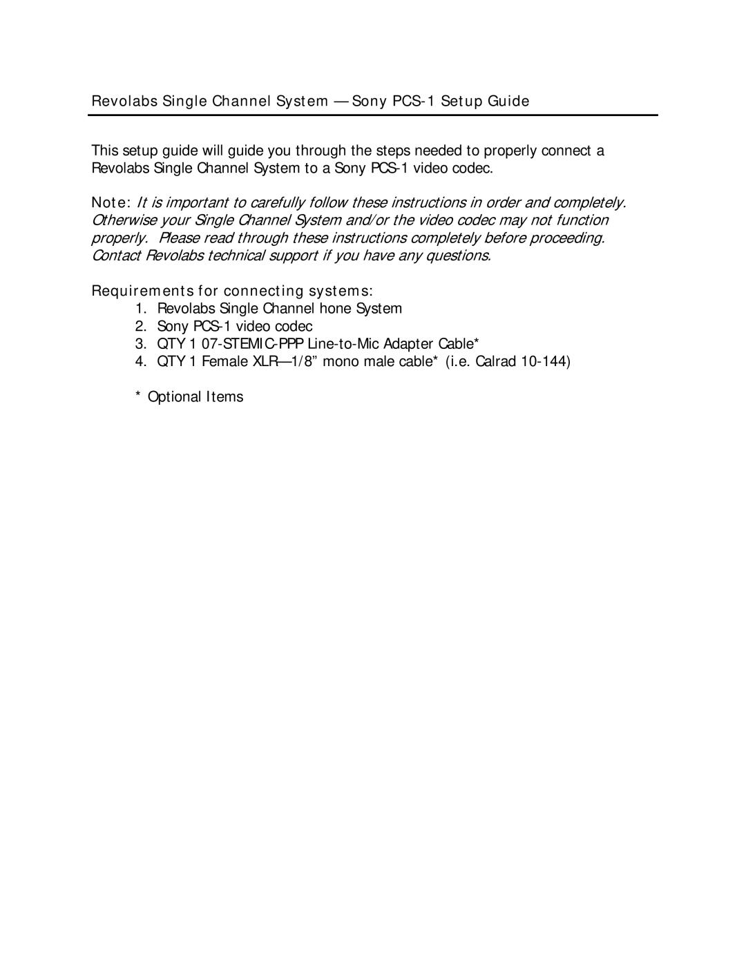 Revolabs setup guide Revolabs Single Channel System Sony PCS-1 Setup Guide, Requirements for connecting systems 