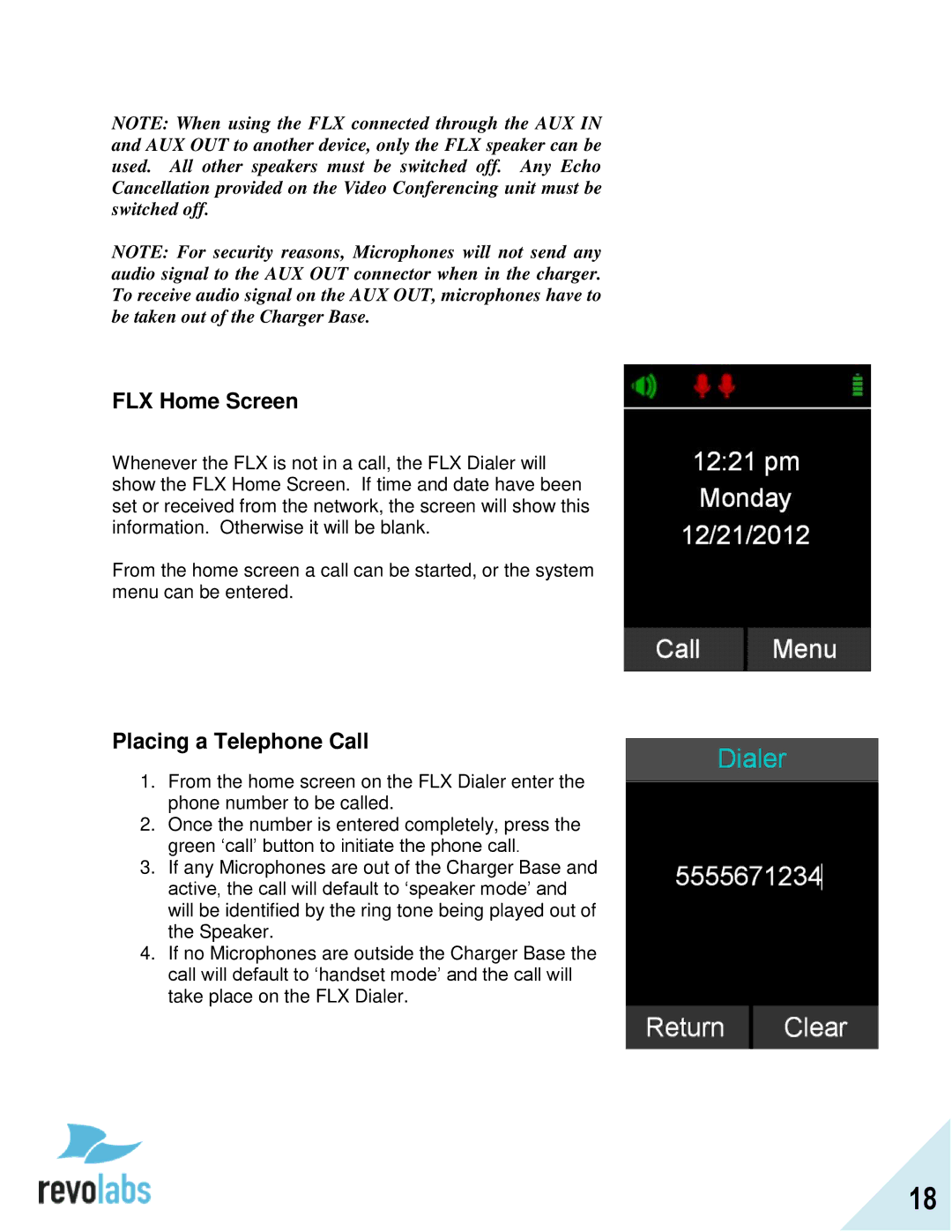 Revolabs 10-FLX2-020-POTS, 10-FLX2-200-POTS, 10-FLX2-002-POTS, 10-FLX2-101-POTS FLX Home Screen, Placing a Telephone Call 