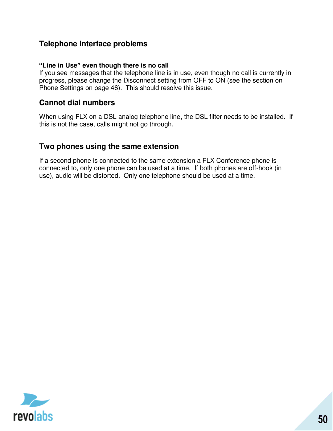 Revolabs 10-FLX2-020-POTS manual Telephone Interface problems, Cannot dial numbers, Two phones using the same extension 