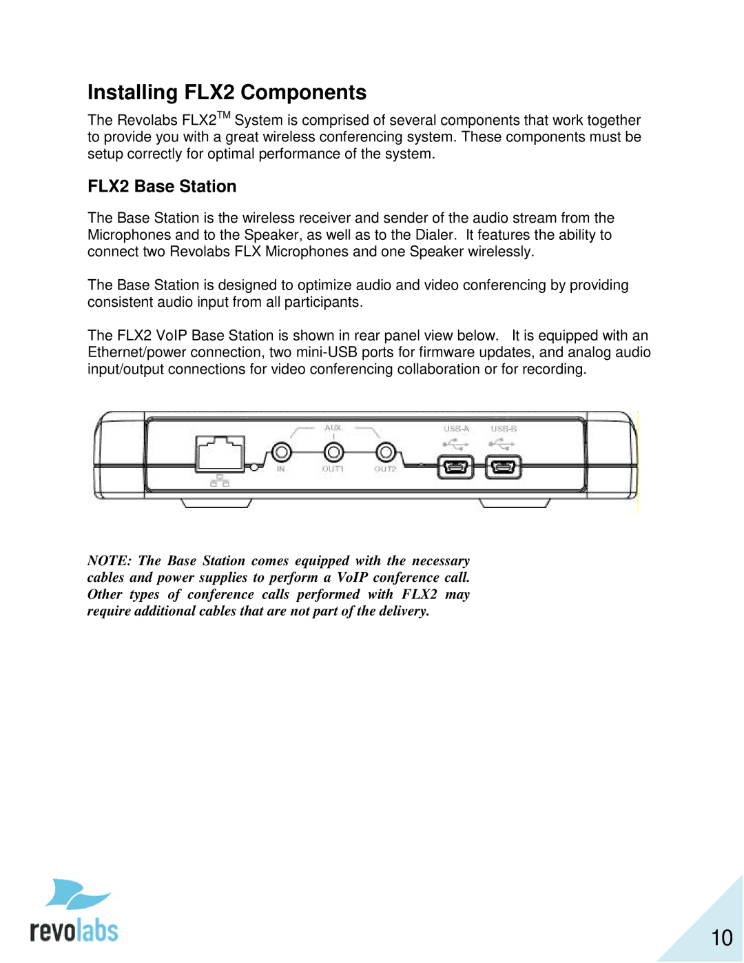 Revolabs 10-FLX2-200-VOIP 10-FLX2-020-VOIP 10-FLX2-002-VOIP 10-FLX2-101-VOIP Installing FLX2 Components, FLX2 Base Station 