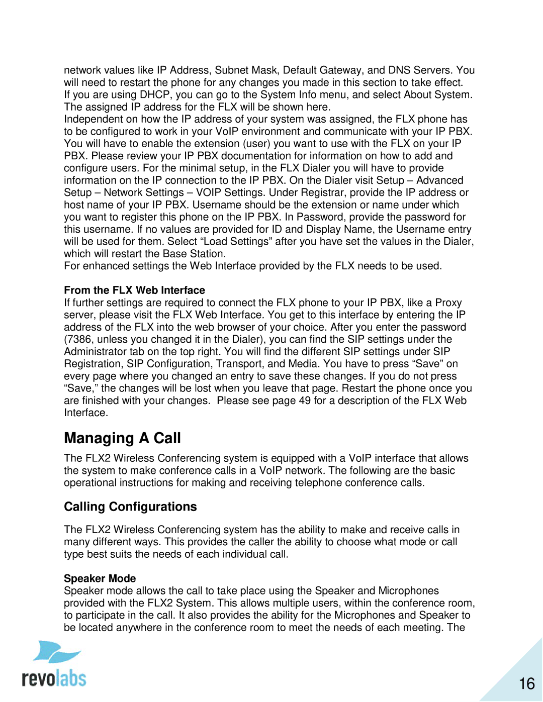 Revolabs 10-FLX2-200-VOIP 10-FLX2-020-VOIP 10-FLX2-002-VOIP 10-FLX2-101-VOIP manual Managing a Call, Calling Configurations 