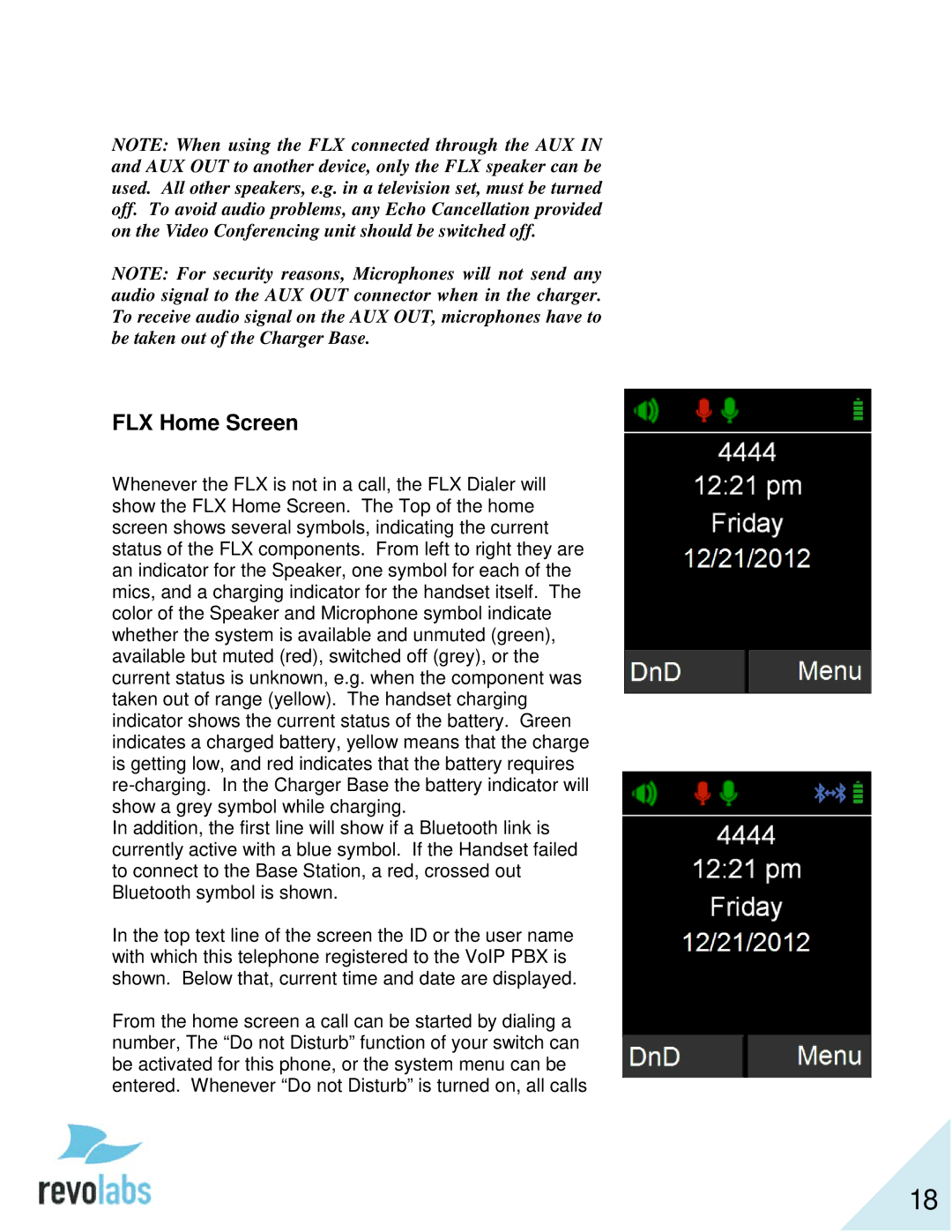 Revolabs 10-FLX2-200-VOIP 10-FLX2-020-VOIP 10-FLX2-002-VOIP 10-FLX2-101-VOIP manual FLX Home Screen 