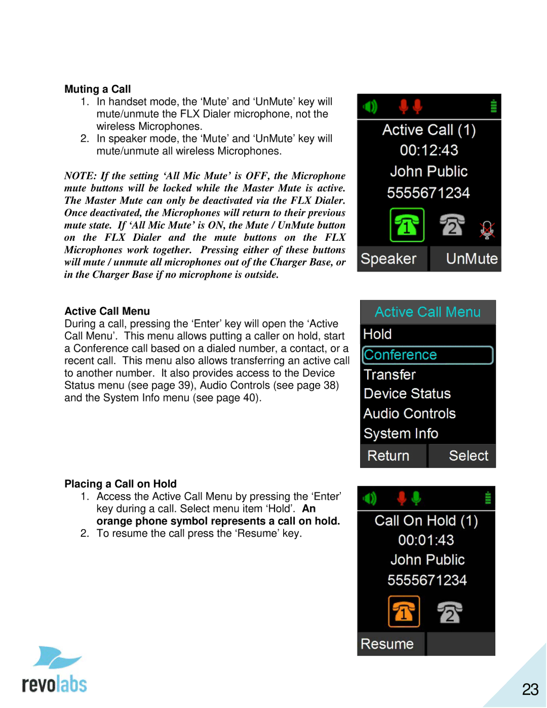 Revolabs 10-FLX2-200-VOIP 10-FLX2-020-VOIP 10-FLX2-002-VOIP 10-FLX2-101-VOIP manual Muting a Call, Active Call Menu 
