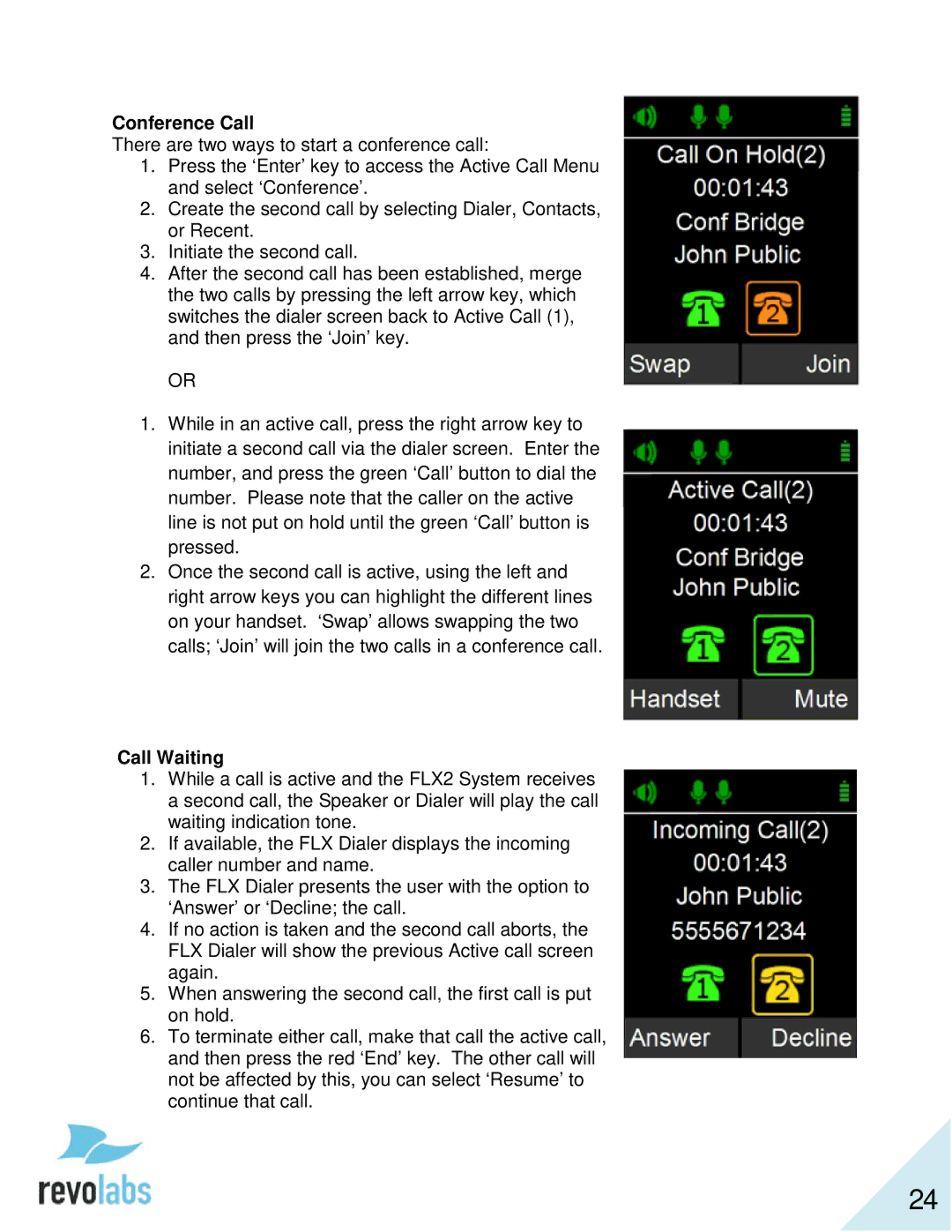 Revolabs 10-FLX2-200-VOIP 10-FLX2-020-VOIP 10-FLX2-002-VOIP 10-FLX2-101-VOIP manual Conference Call, Call Waiting 