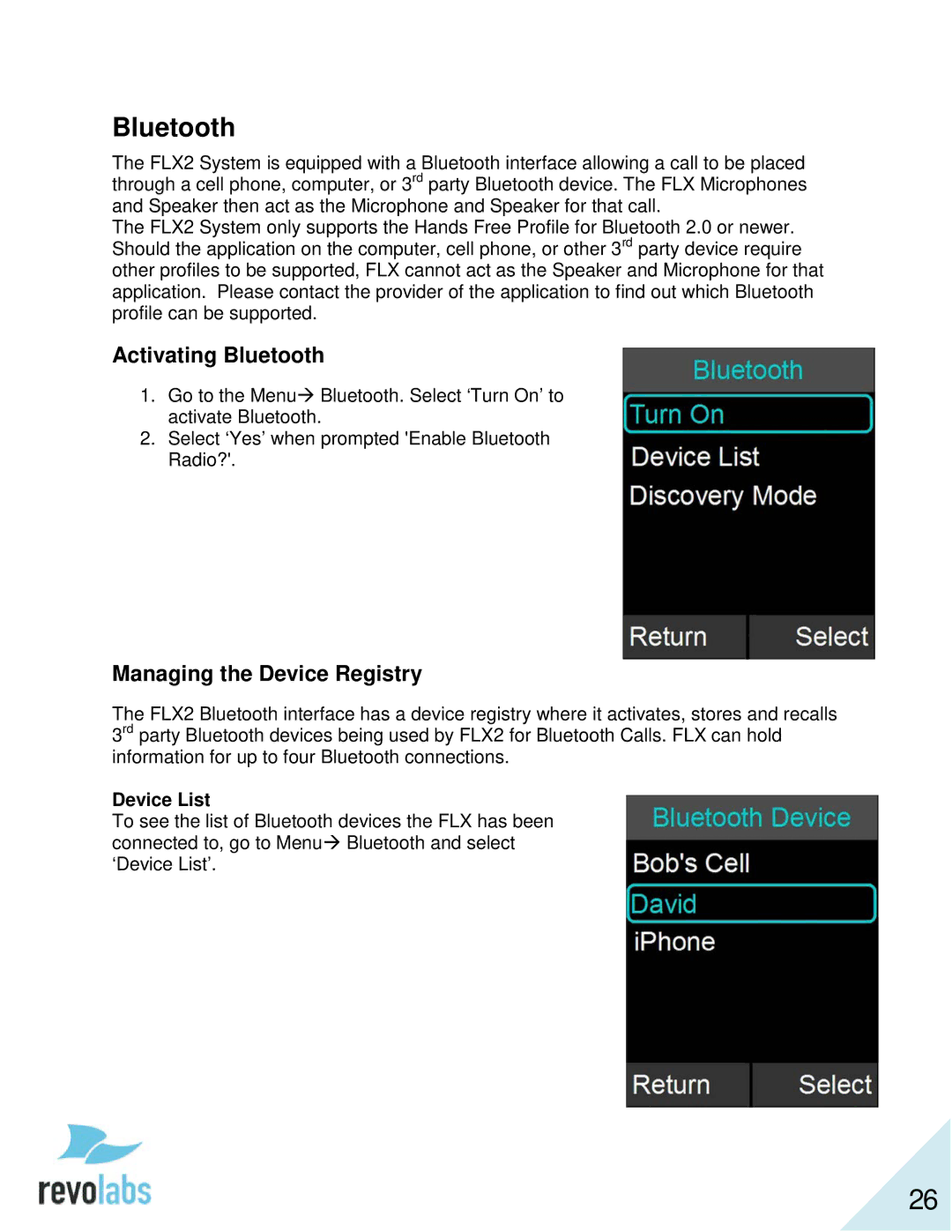 Revolabs 10-FLX2-200-VOIP 10-FLX2-020-VOIP 10-FLX2-002-VOIP 10-FLX2-101-VOIP manual Activating Bluetooth, Device List 