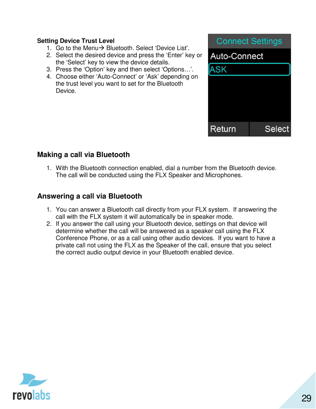 Revolabs 10-FLX2-200-VOIP 10-FLX2-020-VOIP 10-FLX2-002-VOIP 10-FLX2-101-VOIP manual Making a call via Bluetooth 