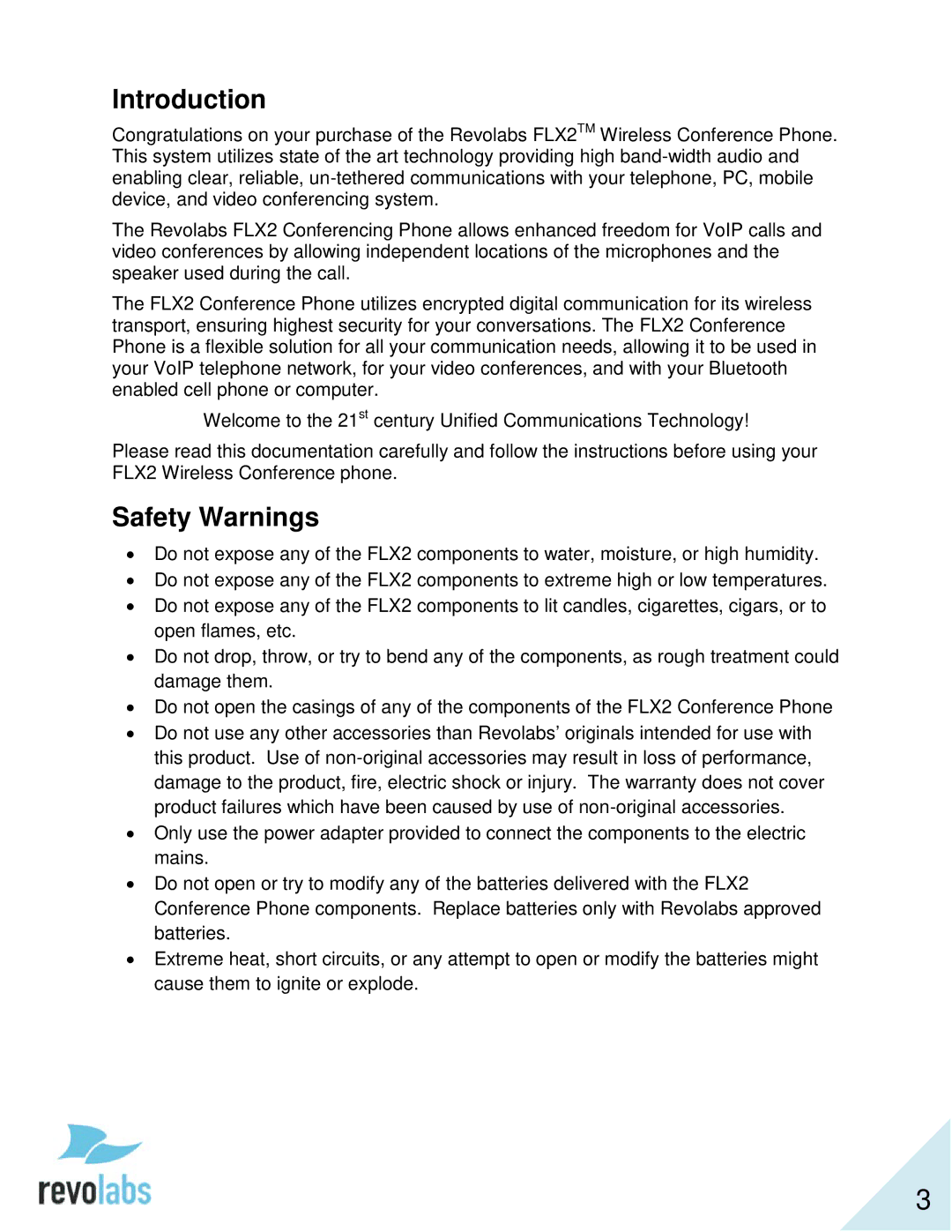 Revolabs 10-FLX2-200-VOIP 10-FLX2-020-VOIP 10-FLX2-002-VOIP 10-FLX2-101-VOIP manual Introduction, Safety Warnings 