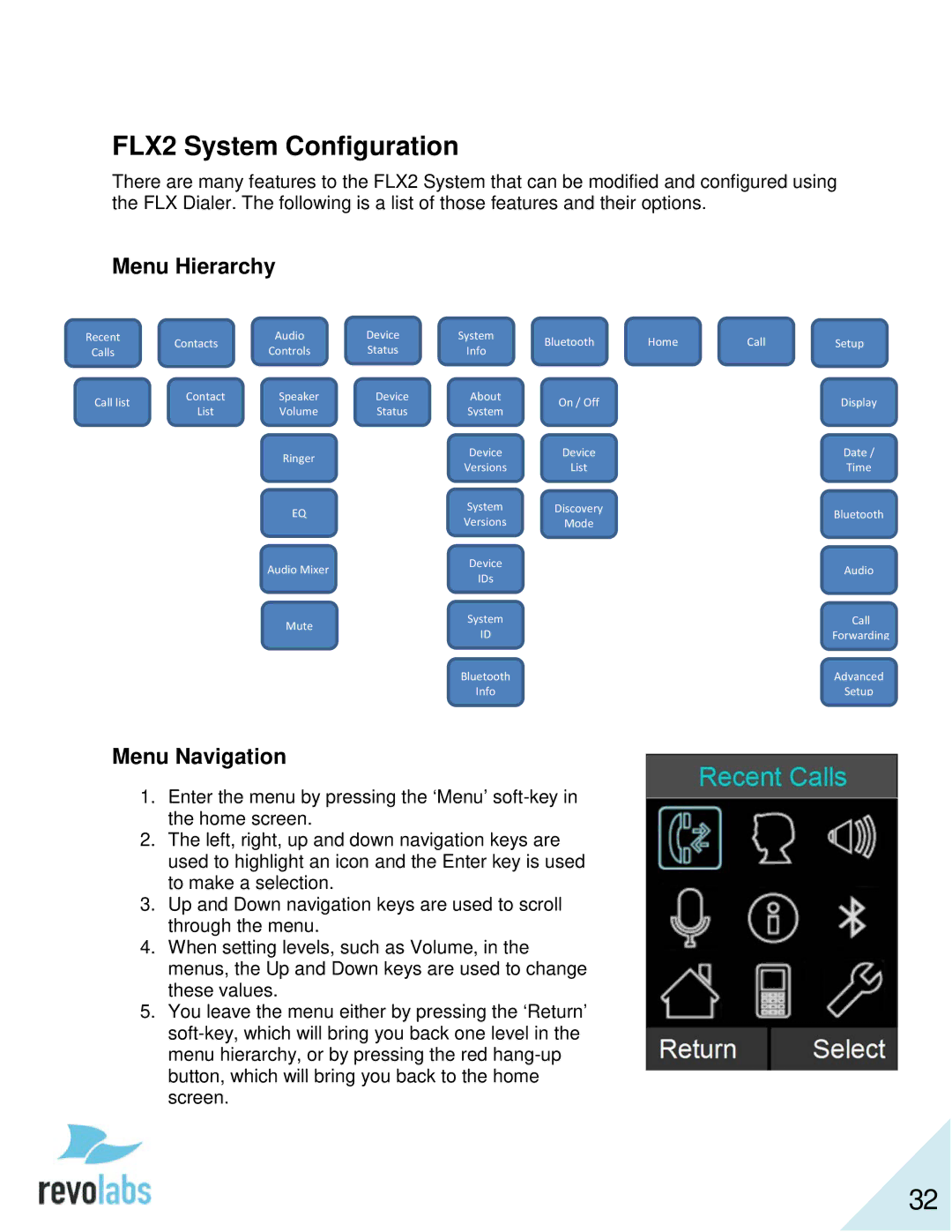 Revolabs 10-FLX2-200-VOIP 10-FLX2-020-VOIP 10-FLX2-002-VOIP 10-FLX2-101-VOIP FLX2 System Configuration, Menu Hierarchy 