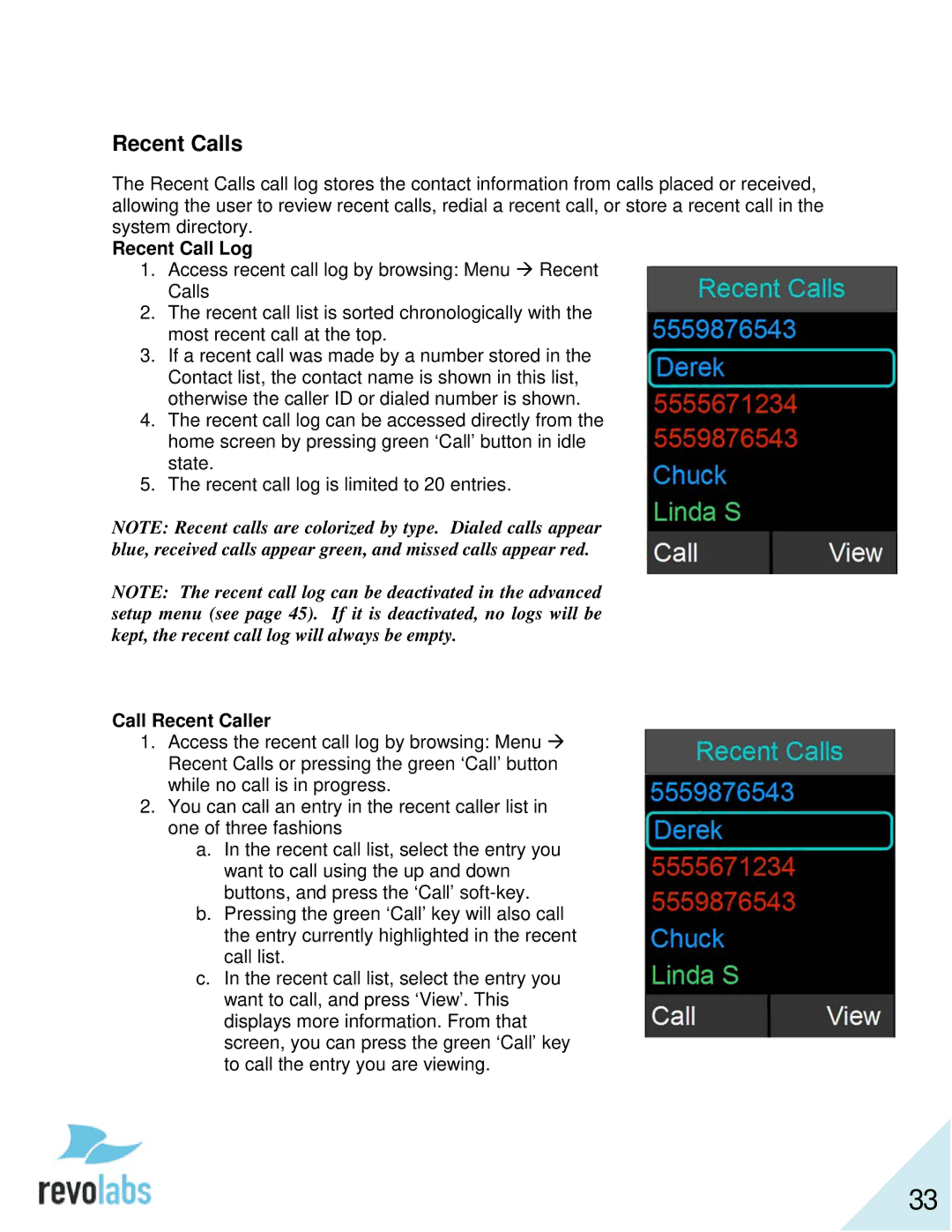 Revolabs 10-FLX2-200-VOIP 10-FLX2-020-VOIP 10-FLX2-002-VOIP 10-FLX2-101-VOIP manual Recent Calls, Recent Call Log 