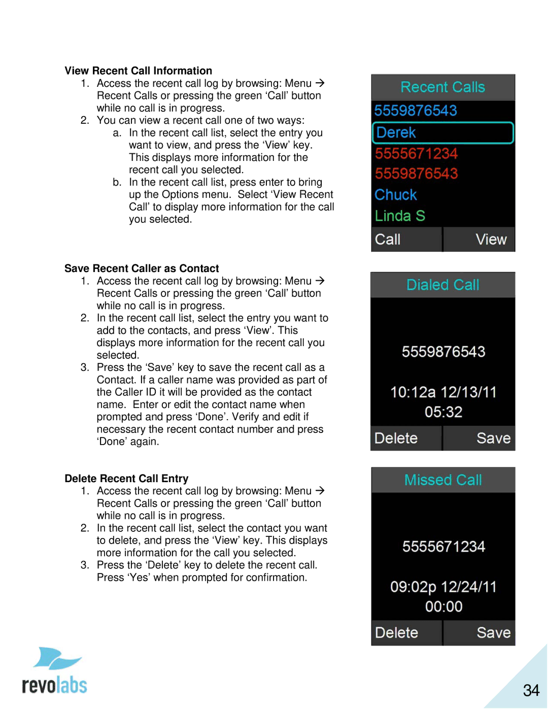 Revolabs 10-FLX2-200-VOIP 10-FLX2-020-VOIP 10-FLX2-002-VOIP 10-FLX2-101-VOIP manual View Recent Call Information 