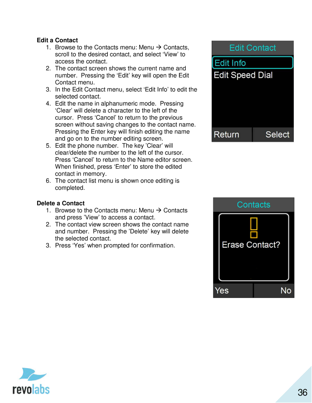 Revolabs 10-FLX2-200-VOIP 10-FLX2-020-VOIP 10-FLX2-002-VOIP 10-FLX2-101-VOIP manual Edit a Contact, Delete a Contact 