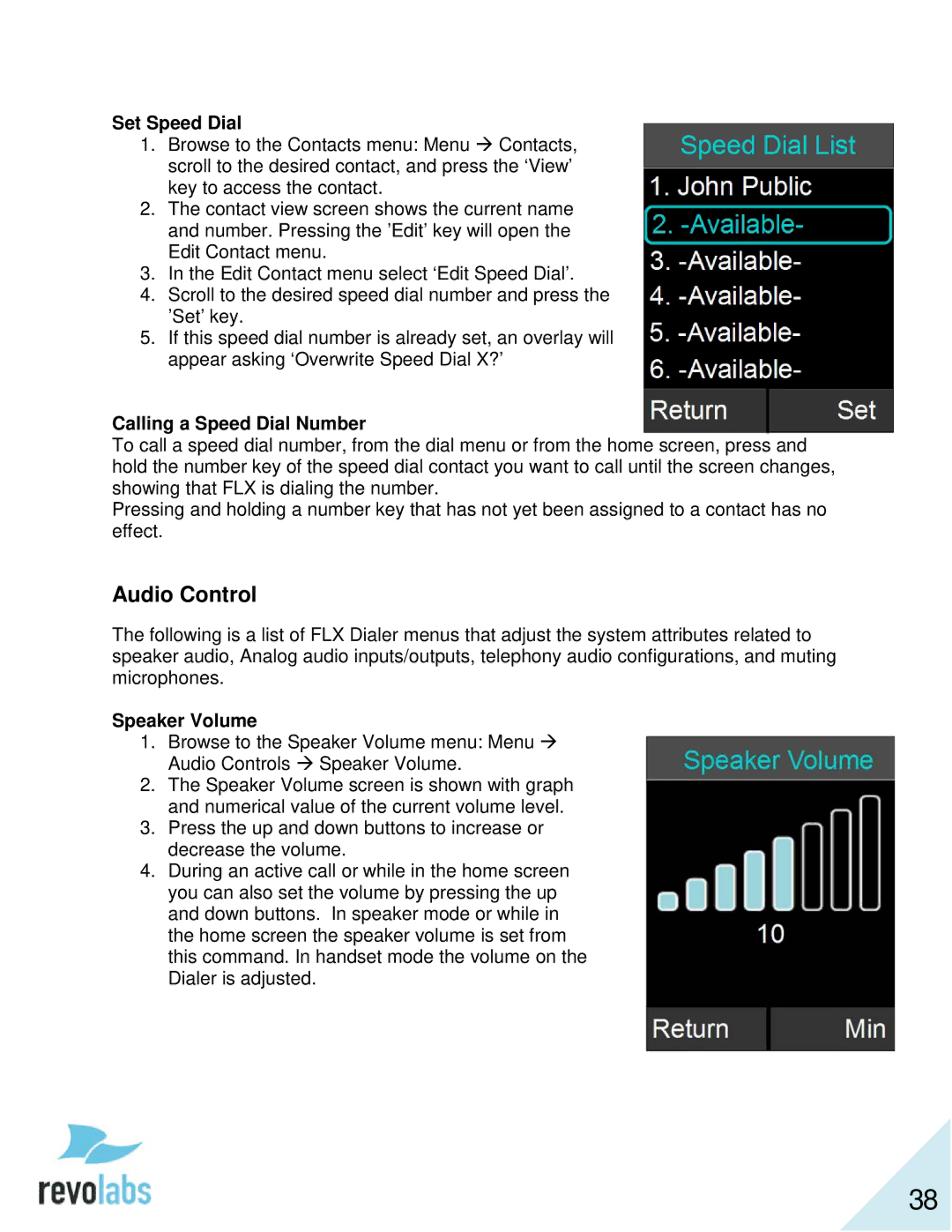 Revolabs 10-FLX2-200-VOIP 10-FLX2-020-VOIP 10-FLX2-002-VOIP 10-FLX2-101-VOIP Audio Control, Set Speed Dial, Speaker Volume 