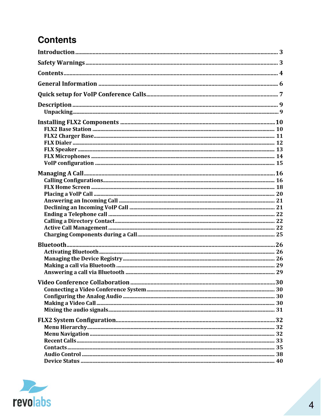 Revolabs 10-FLX2-200-VOIP 10-FLX2-020-VOIP 10-FLX2-002-VOIP 10-FLX2-101-VOIP manual Contents 