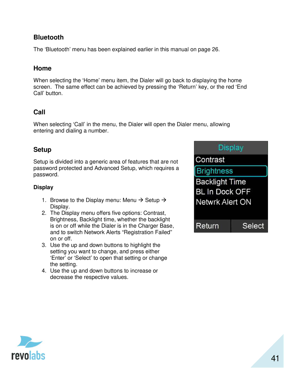 Revolabs 10-FLX2-200-VOIP 10-FLX2-020-VOIP 10-FLX2-002-VOIP 10-FLX2-101-VOIP manual Bluetooth, Home, Call, Setup, Display 