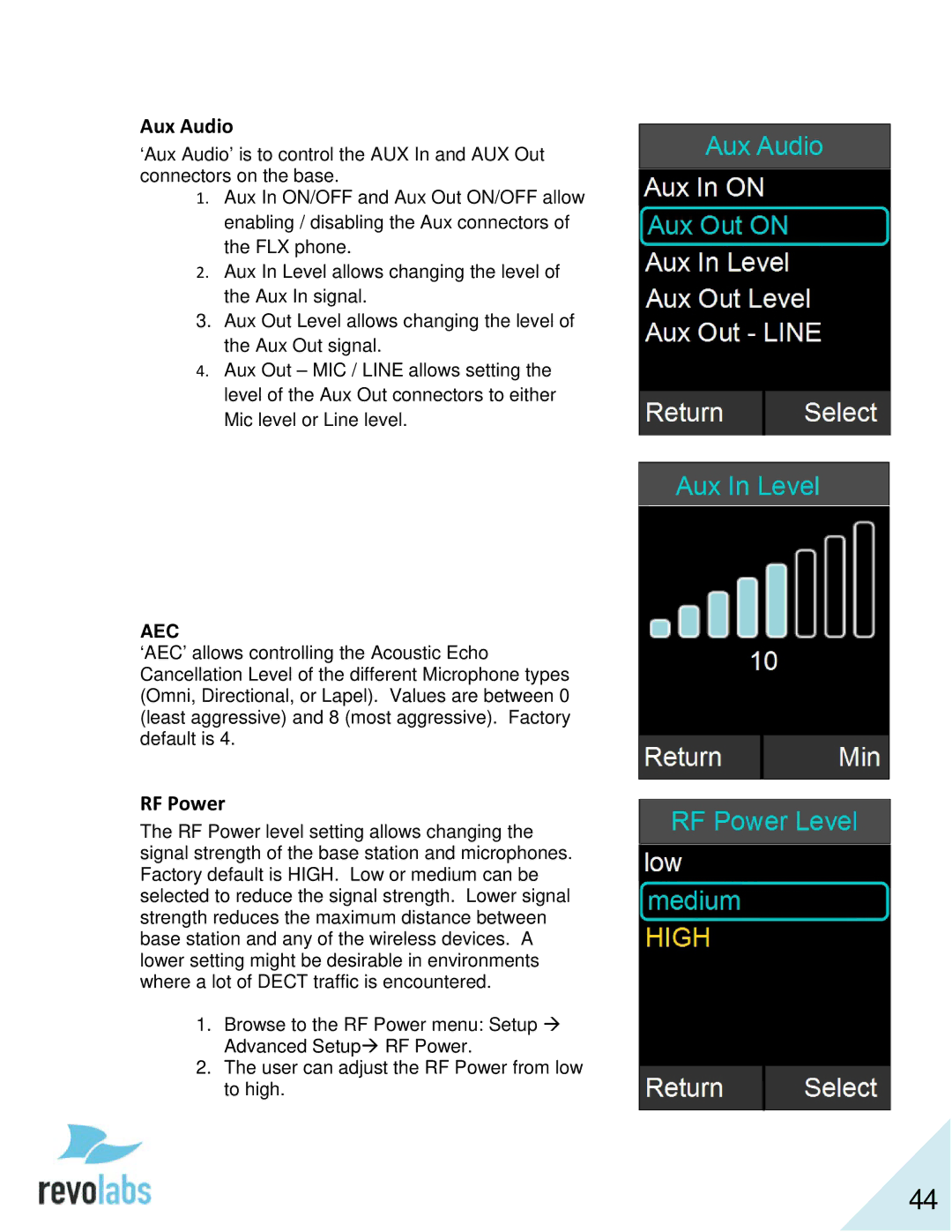 Revolabs 10-FLX2-200-VOIP 10-FLX2-020-VOIP 10-FLX2-002-VOIP 10-FLX2-101-VOIP manual Aux Audio 
