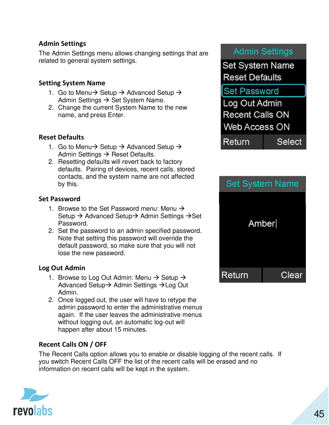 Revolabs 10-FLX2-200-VOIP 10-FLX2-020-VOIP 10-FLX2-002-VOIP 10-FLX2-101-VOIP manual Admin Settings 