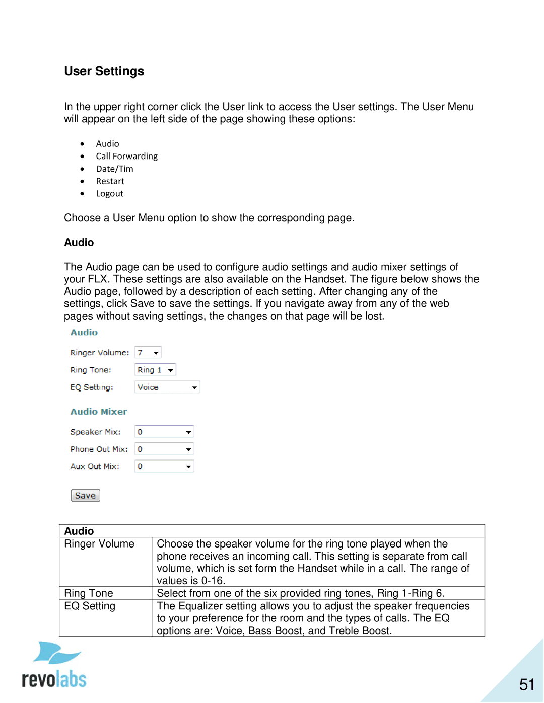 Revolabs 10-FLX2-200-VOIP 10-FLX2-020-VOIP 10-FLX2-002-VOIP 10-FLX2-101-VOIP manual User Settings, Audio 