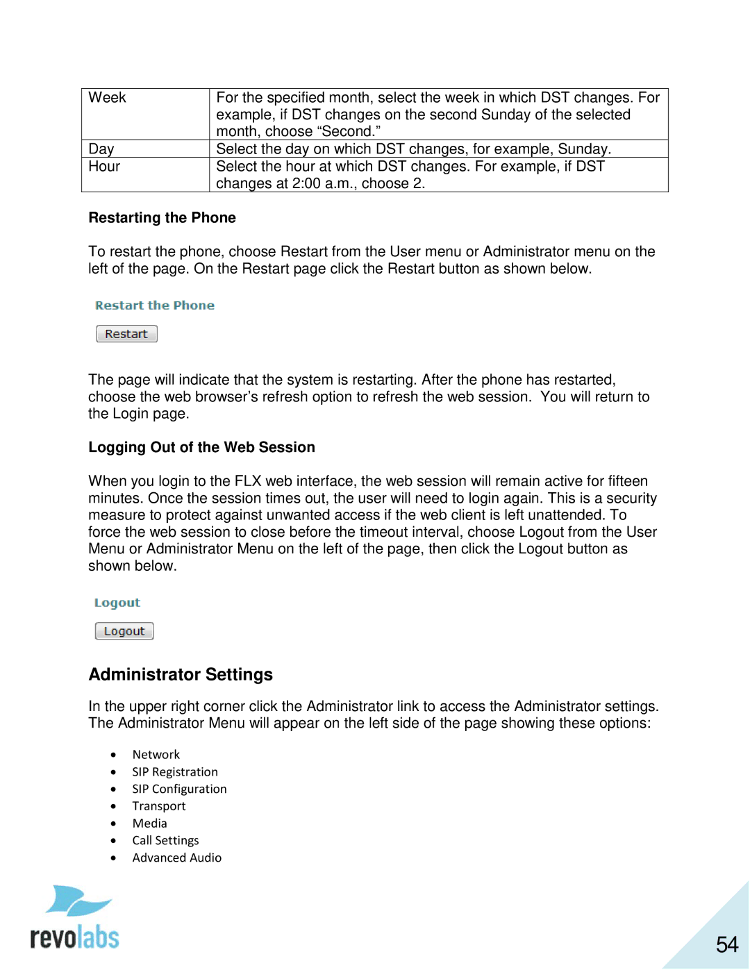 Revolabs 10-FLX2-200-VOIP 10-FLX2-020-VOIP 10-FLX2-002-VOIP 10-FLX2-101-VOIP Administrator Settings, Restarting the Phone 