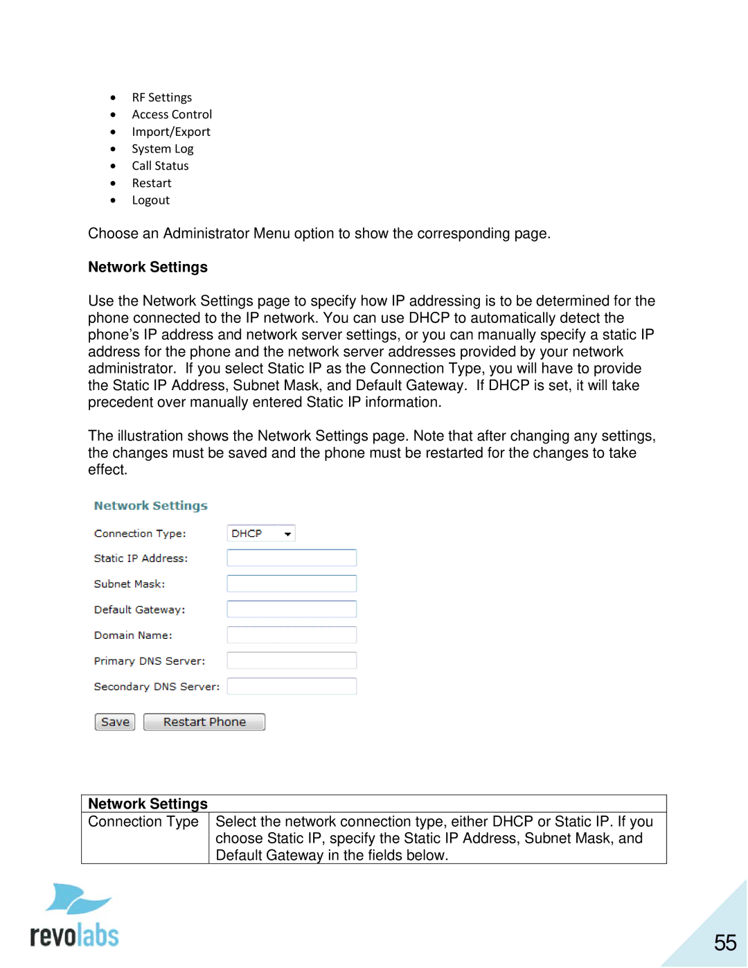 Revolabs 10-FLX2-200-VOIP 10-FLX2-020-VOIP 10-FLX2-002-VOIP 10-FLX2-101-VOIP manual Network Settings 