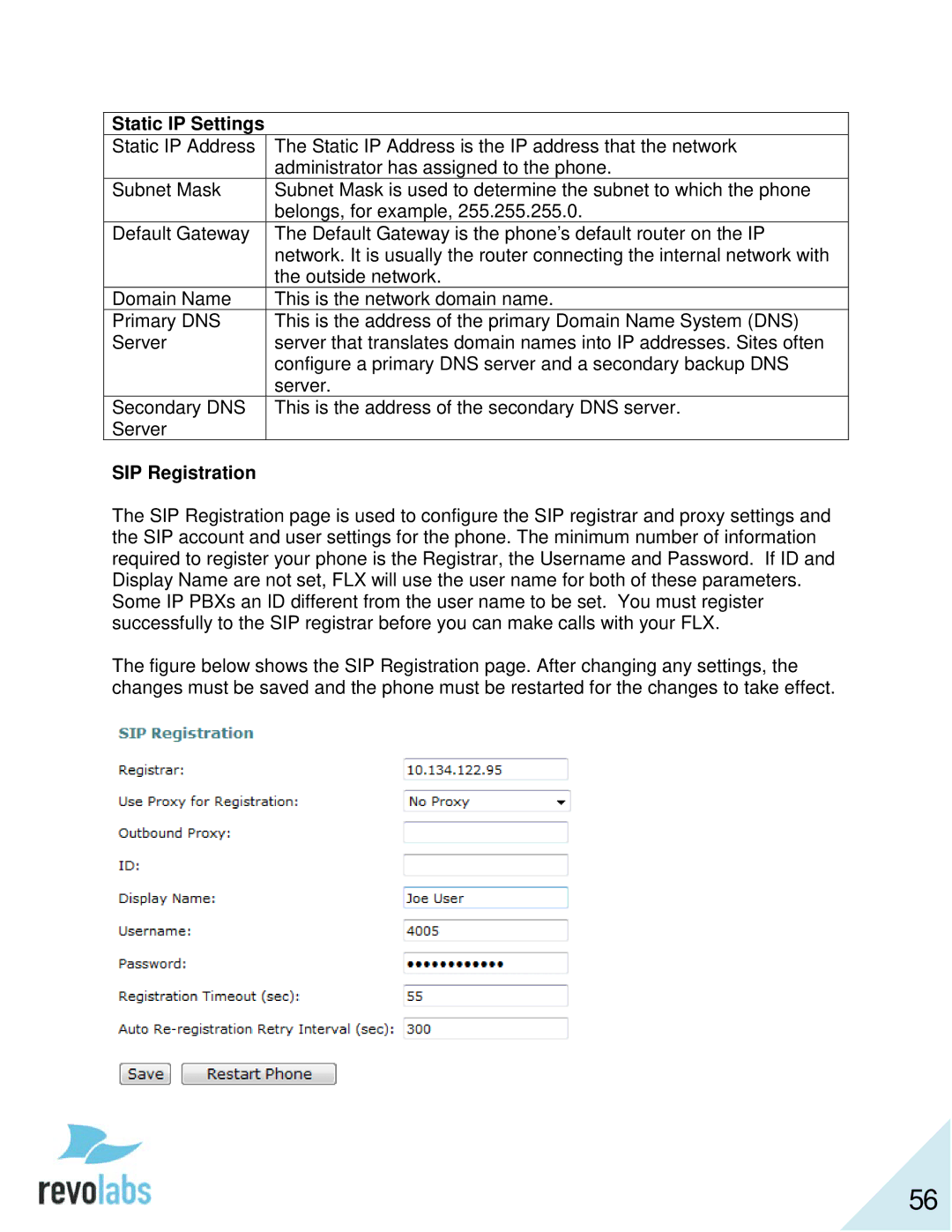 Revolabs 10-FLX2-200-VOIP 10-FLX2-020-VOIP 10-FLX2-002-VOIP 10-FLX2-101-VOIP manual Static IP Settings, SIP Registration 