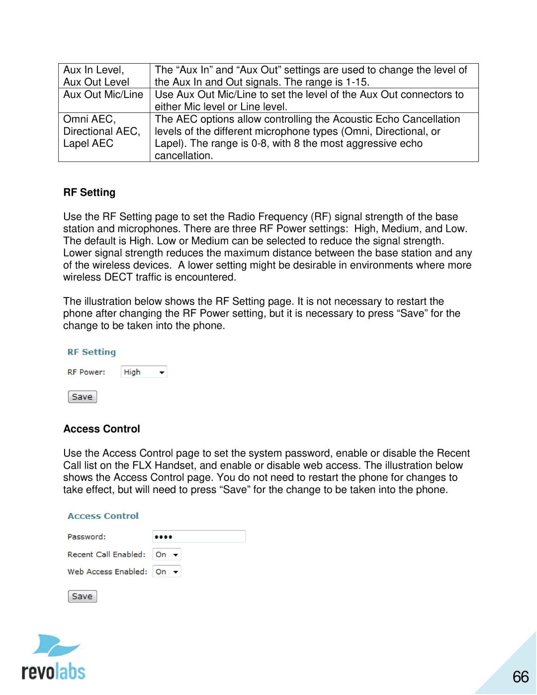 Revolabs 10-FLX2-200-VOIP 10-FLX2-020-VOIP 10-FLX2-002-VOIP 10-FLX2-101-VOIP manual RF Setting, Access Control 