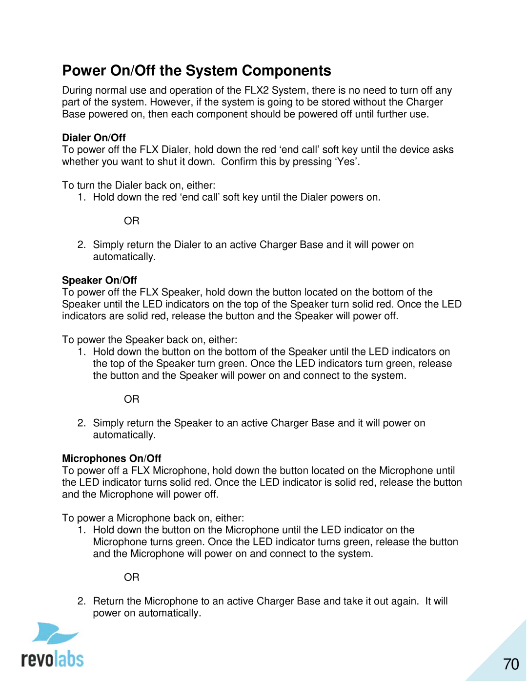 Revolabs 10-FLX2-200-VOIP 10-FLX2-020-VOIP 10-FLX2-002-VOIP 10-FLX2-101-VOIP manual Power On/Off the System Components 