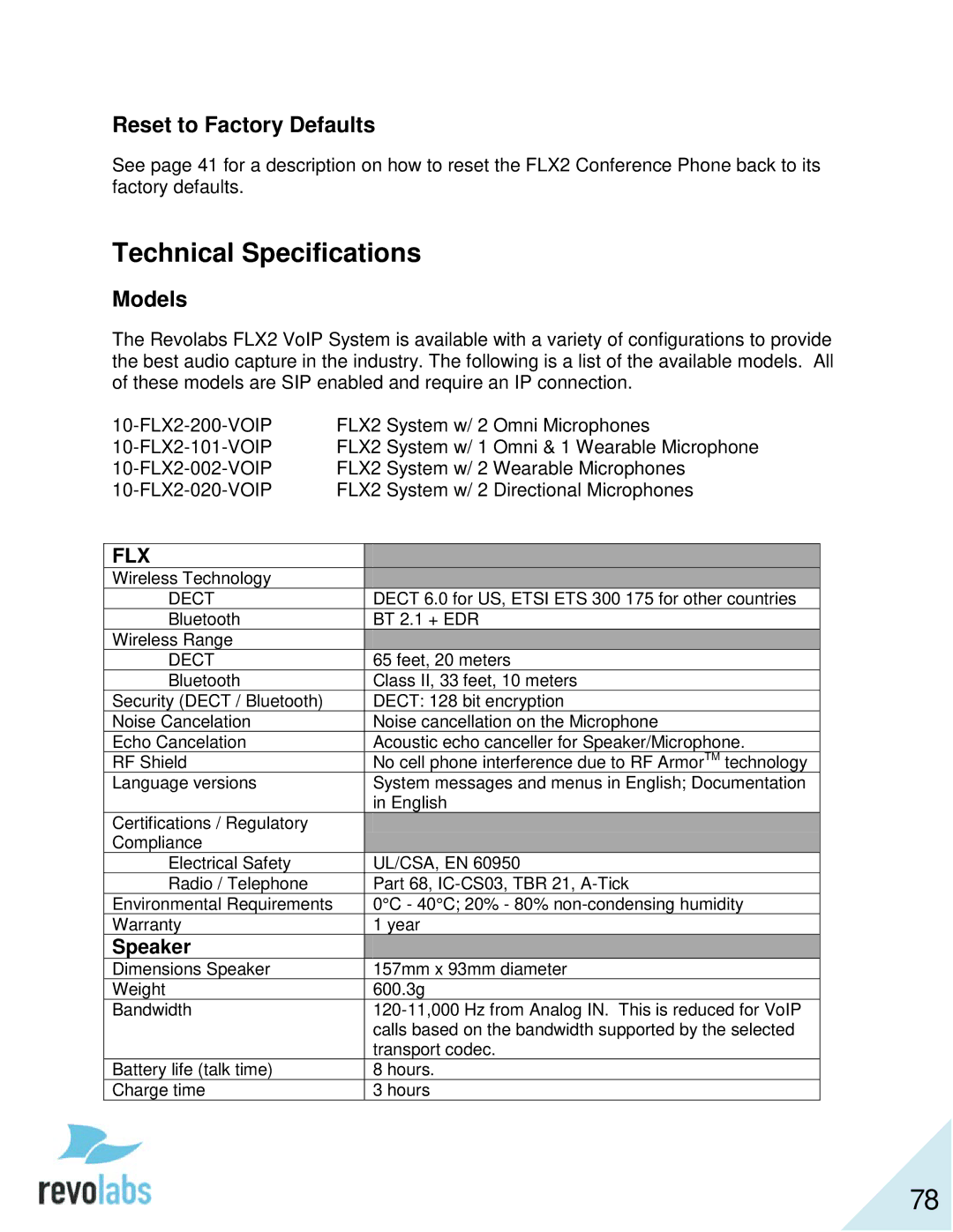 Revolabs 10-FLX2-200-VOIP 10-FLX2-020-VOIP 10-FLX2-002-VOIP 10-FLX2-101-VOIP manual Technical Specifications 